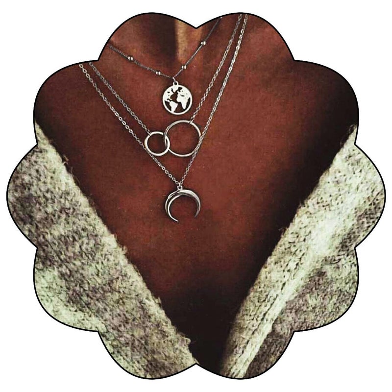 Edary Boho Layered Necklace Moon Necklaces Map Pendant Silver Jewelry for Women(Silver) - Image 1